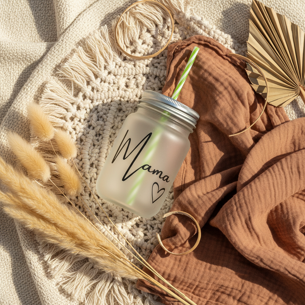 Trinkglas mit Strohhalm „Mama“ – Liebevolles Geschenk für Mama