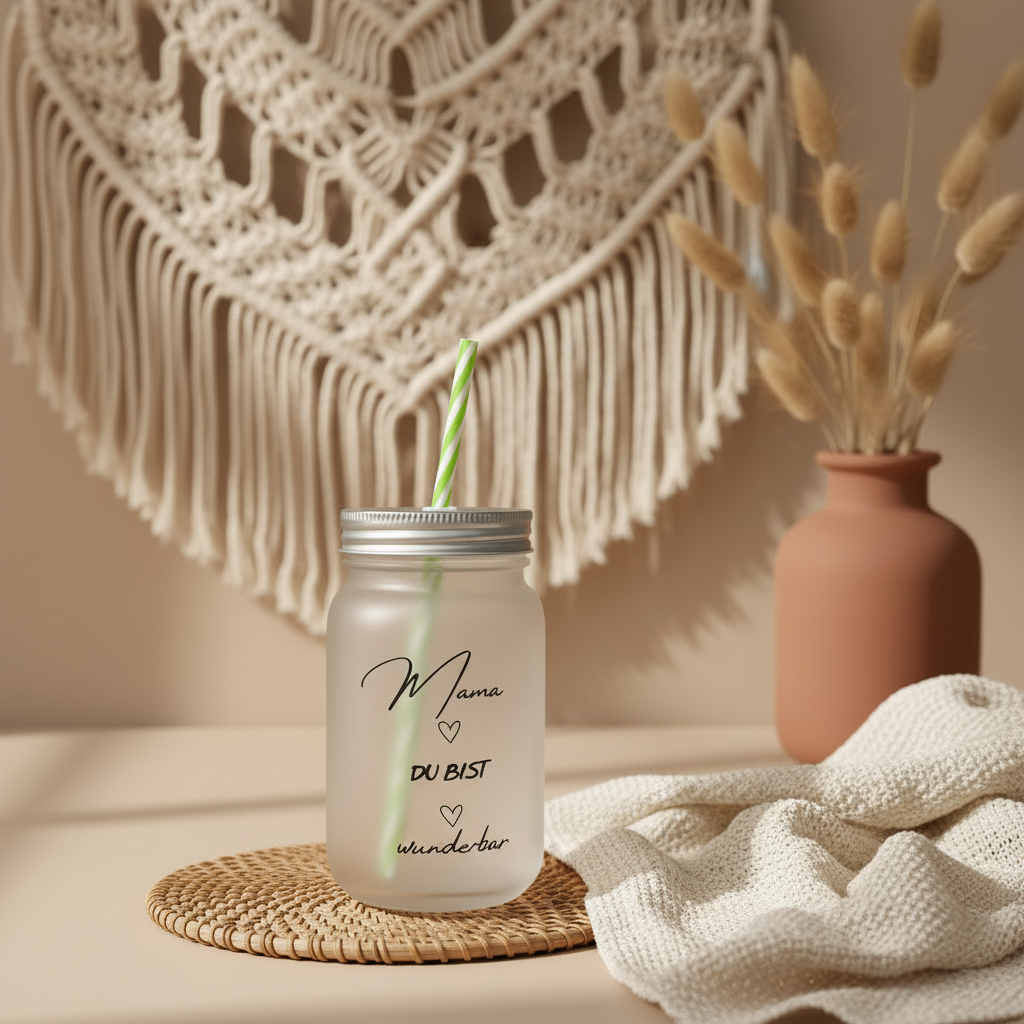 Trinkglas mit Strohhalm „Mama du bist wunderbar“ – Liebevolles Geschenk für Mama