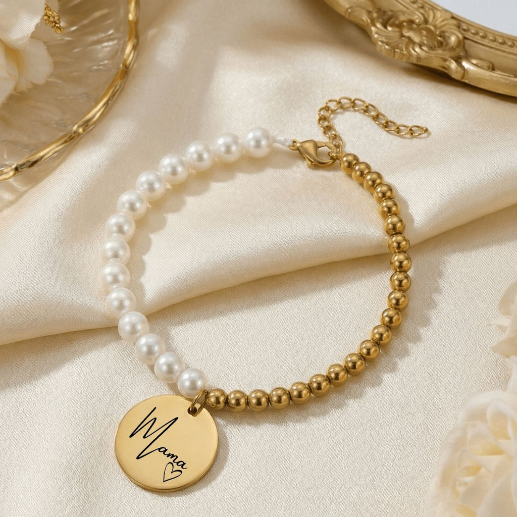 Mama Perlenarmband mit Münzanhänger – Edles Geschenk für die beste Mama