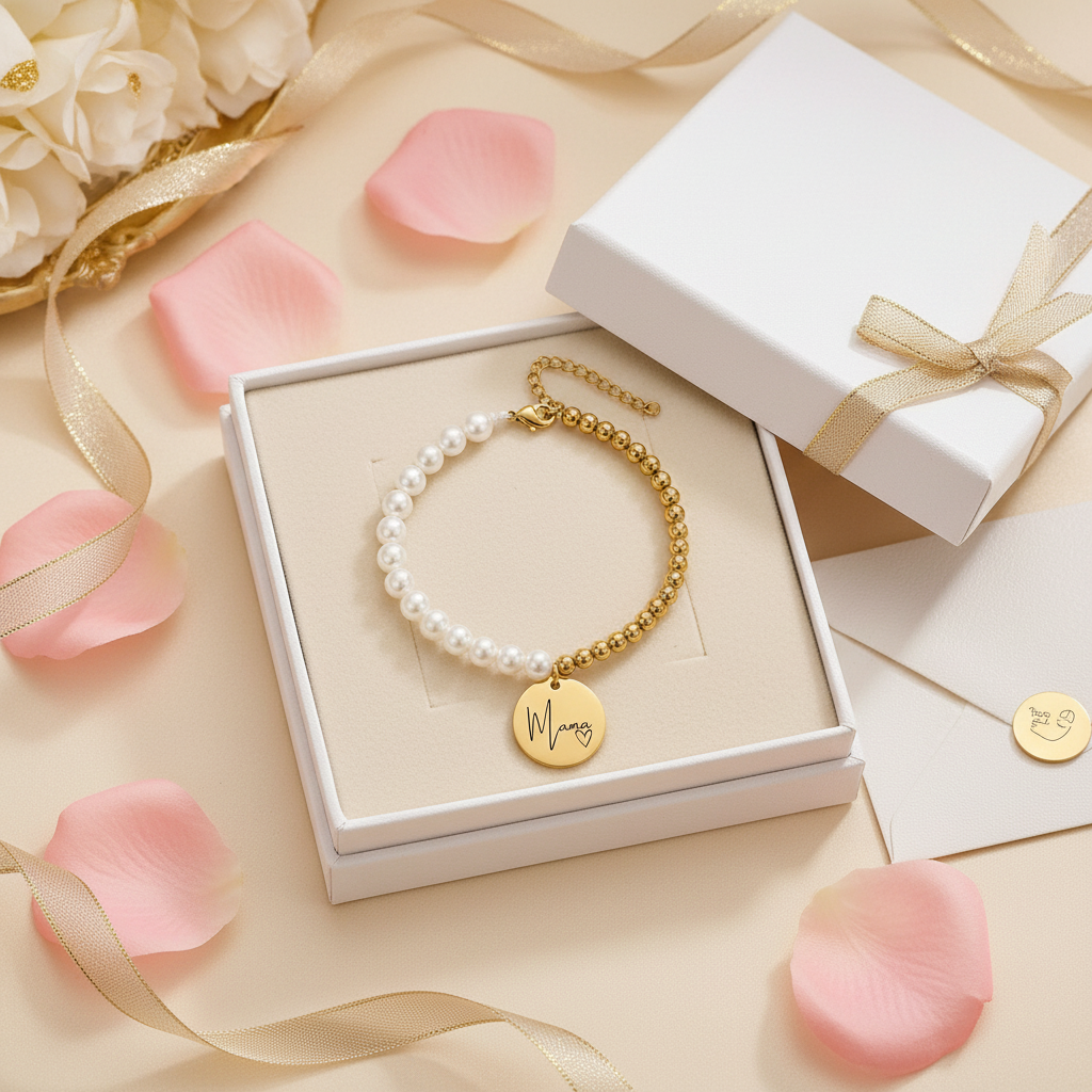 Mama Armband Perlen Gold – Premium Unboxing Geschenkbox Muttertag