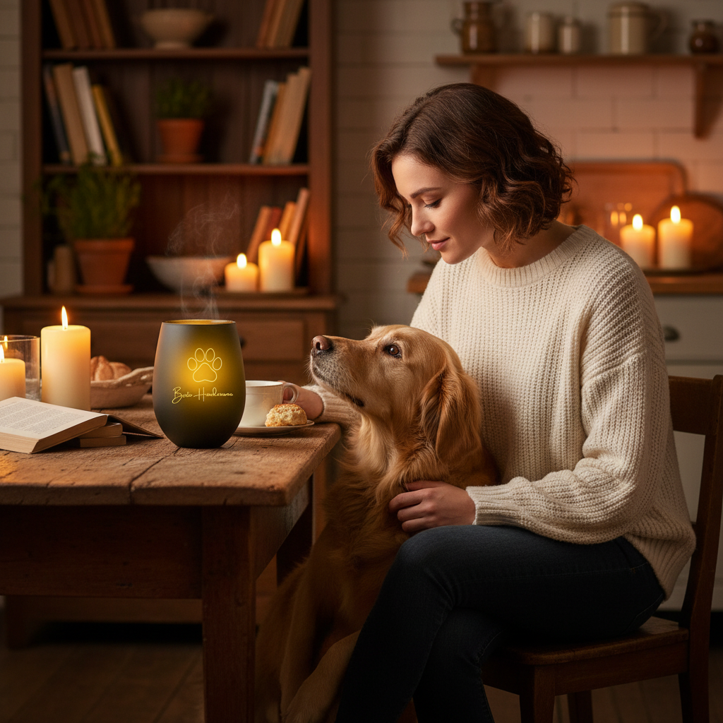 Frau mit Hund am Küchentisch, Windlicht Beste Hundemama